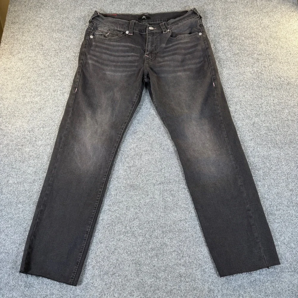 True Religion Geno Relaxed Slim Black Pink Big T Flap Jeans Men 33 Raw Hem #3937